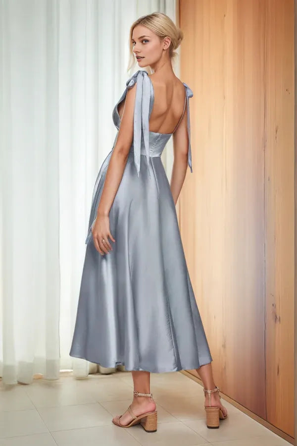 Robe Weitese moderne trapèze, col en V, bretelles, sans manches, plissée, robe de bal, dos nu, longueur thé, robe de demoiselle d'honneur